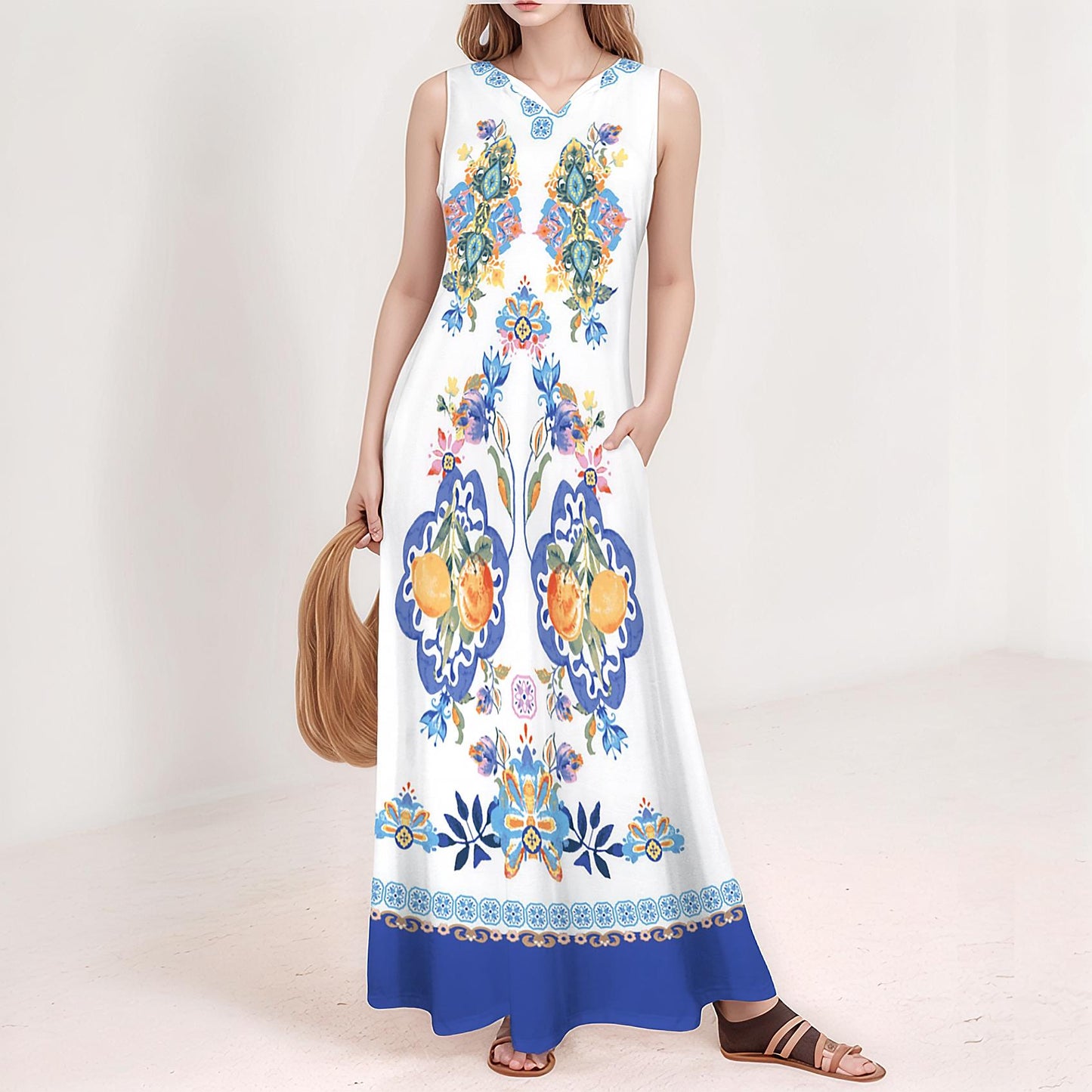 Women's Floral Sleeveless Maxi Dress with Pocket