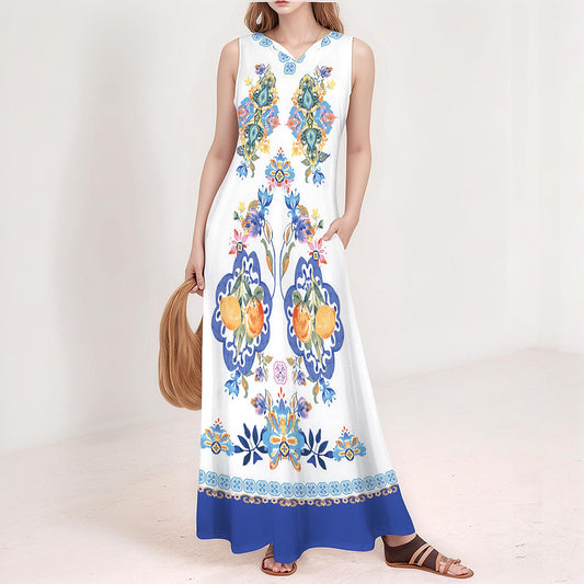 Women's Floral Sleeveless Maxi Dress with Pocket