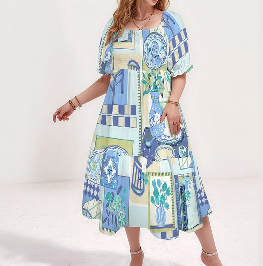Women's Puff Sleeve Square Neck A-line Midi Dress | Boho Chic Midi | Casual Spring Dress | Elegant Summer Outfit