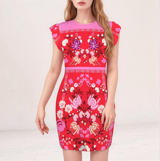 Women's Floral Ruffle Round Neck Bodycon Dress