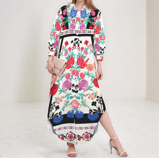 Women's Floral Long Sleeve Button Down Maxi Shirt Dress