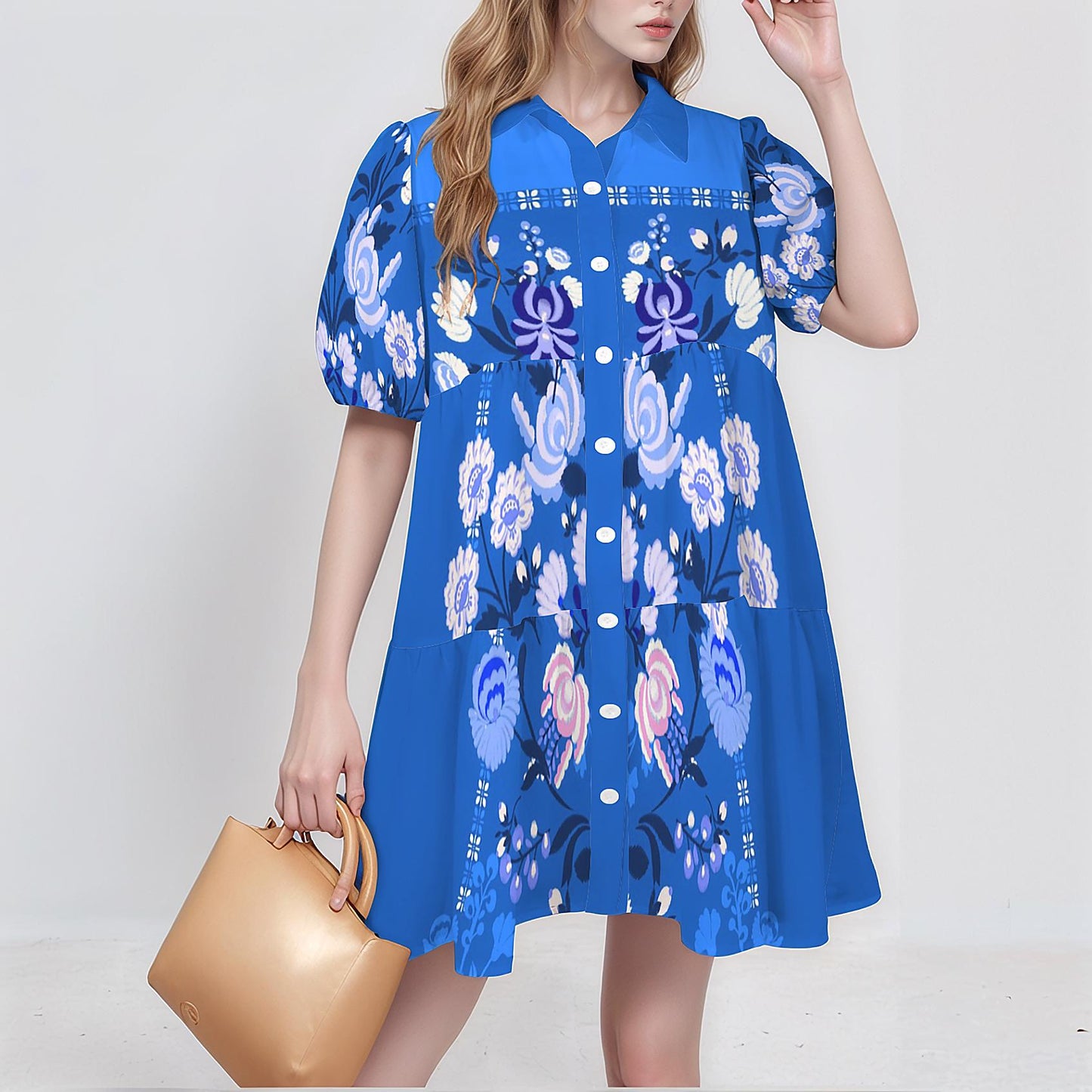 Women's Floral Short Sleeve Tiered Button Down Casual Shirt Dress | Spring Casual Dress | Boho Chic Shirt Dress | Comfortable Summer Dress