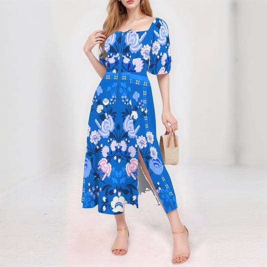 Women's Floral Short Sleeve Square Neck Split Midi Dress