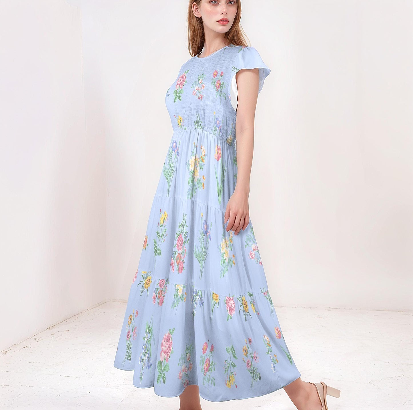Women's Floral Print Short Sleeve Tiered Maxi Dress