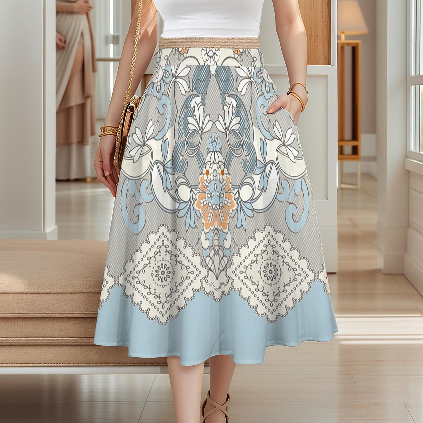 Women's Floral Elastic Waist Pocket Maxi Skirt