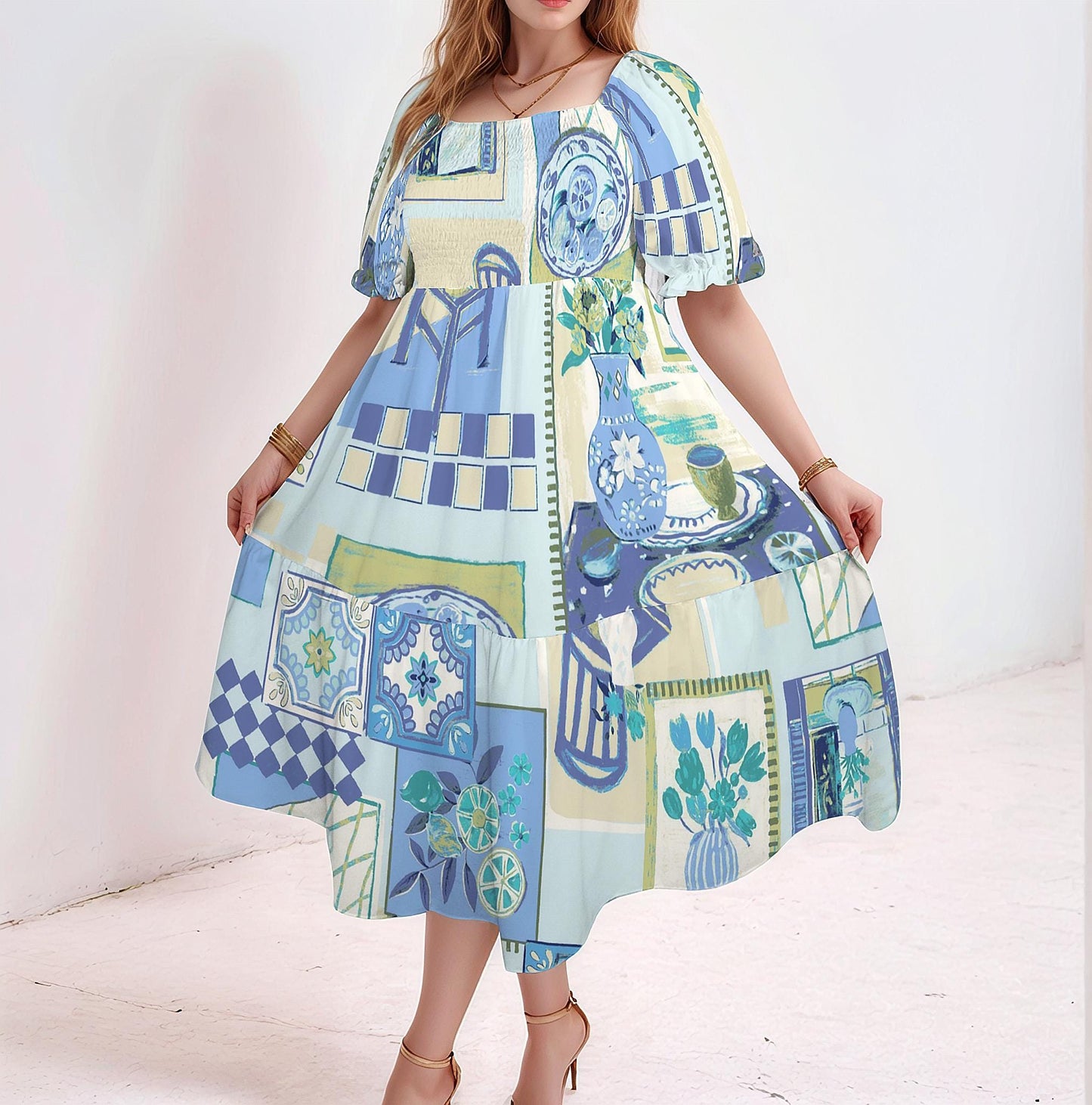 Women's Puff Sleeve Square Neck A-line Midi Dress | Boho Chic Midi | Casual Spring Dress | Elegant Summer Outfit