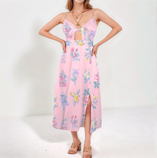 Women's Floral Spaghetti Strap Tie Front Backless Split Dress