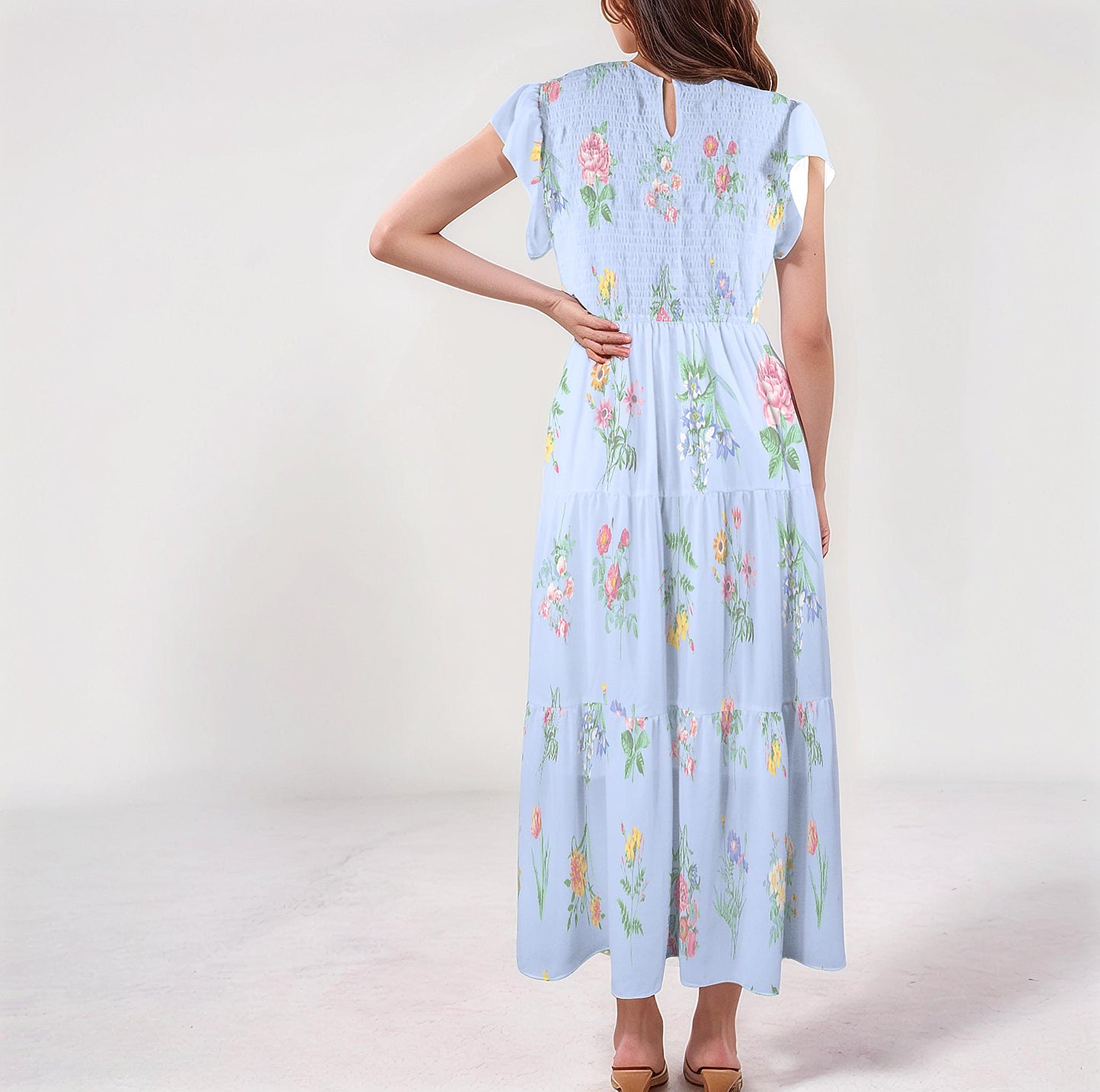 Women's Floral Print Short Sleeve Tiered Maxi Dress