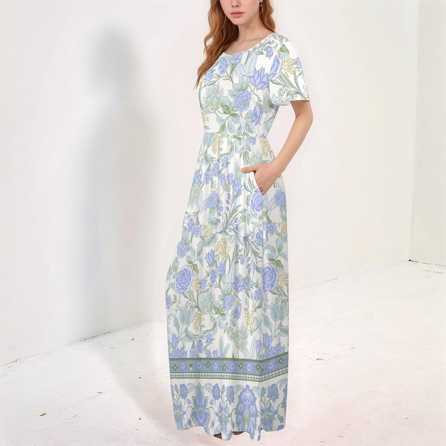 Womens Floral Round Neck Short Sleeve Maxi Dress with Pleated Waist Pockets