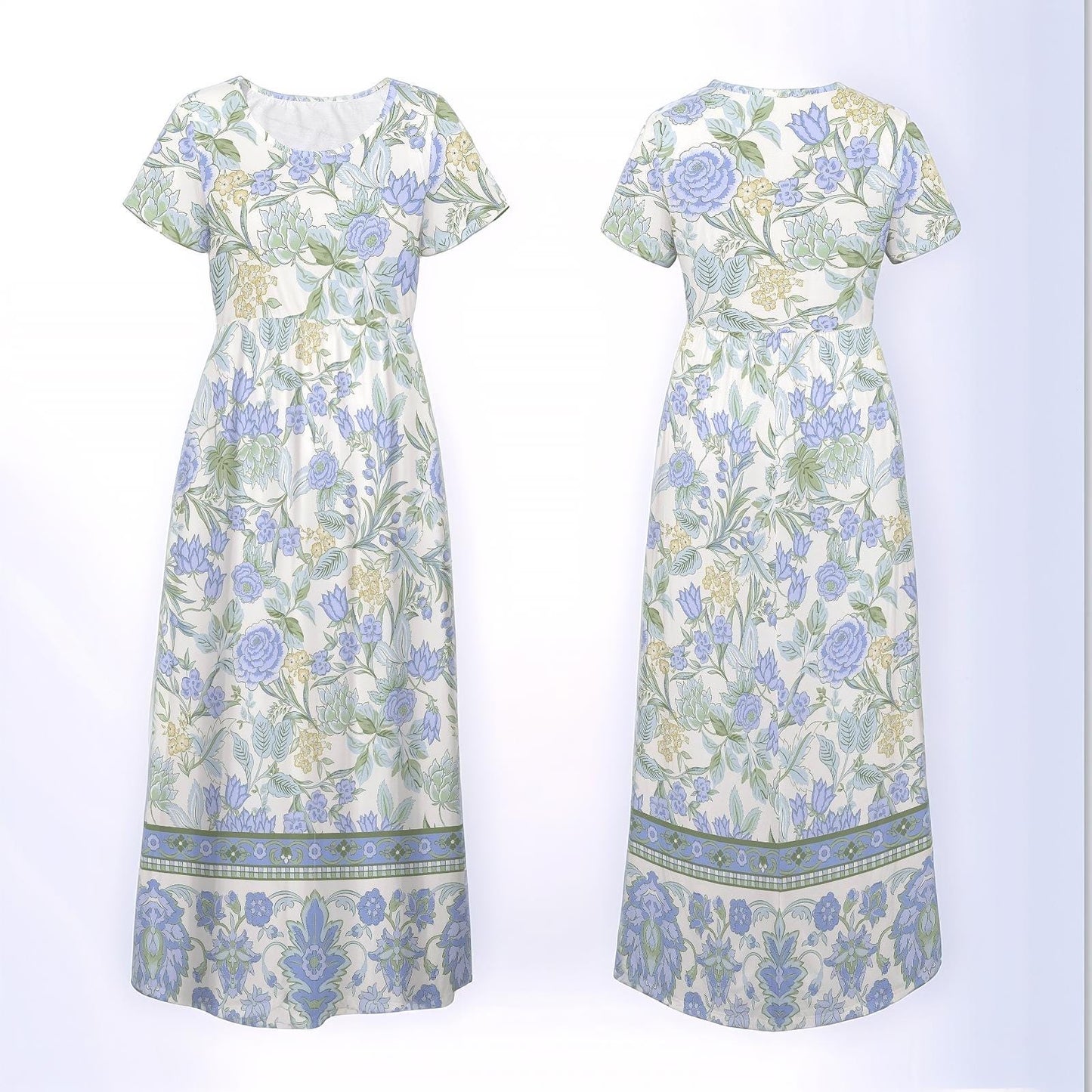 Womens Floral Round Neck Short Sleeve Maxi Dress with Pleated Waist Pockets