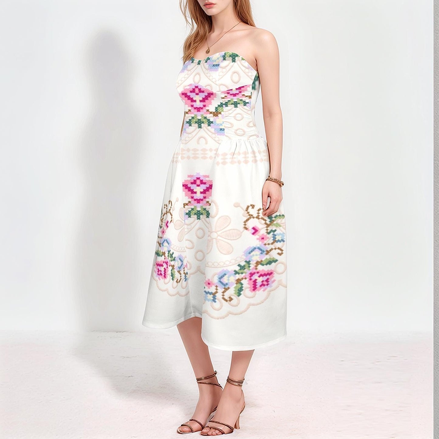 Womens Strapless Floral Midi Dress | Stylish and Feminine | Perfect for Spring and Summer | Chic and Comfortable for Any Occasion