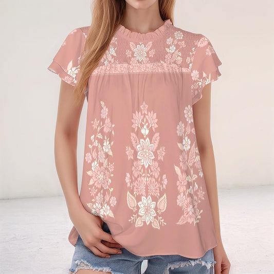 Women's Floral Round Neck Short Ruffle Sleeve Blouse