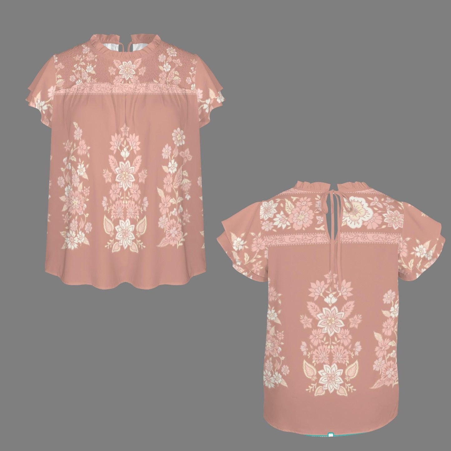 Women's Floral Round Neck Short Ruffle Sleeve Blouse