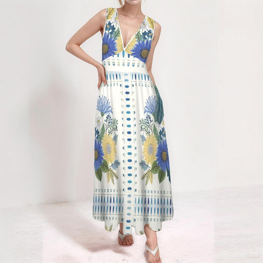 Womens Floral V Neck Sleeveless High Waist Maxi Dress | Stylish and Elegant | Perfect for Spring and Summer | Comfortable and Trendy
