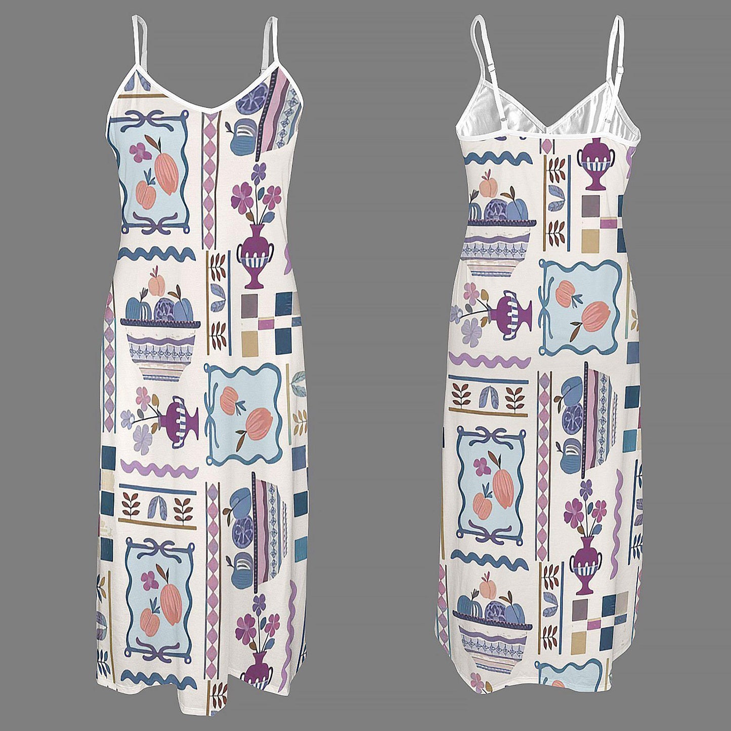 Womens Modern Fruit Print Cami V Neck Maxi Dress | Perfect for Spring and Summer | Chic and Trendy for Any Occasion