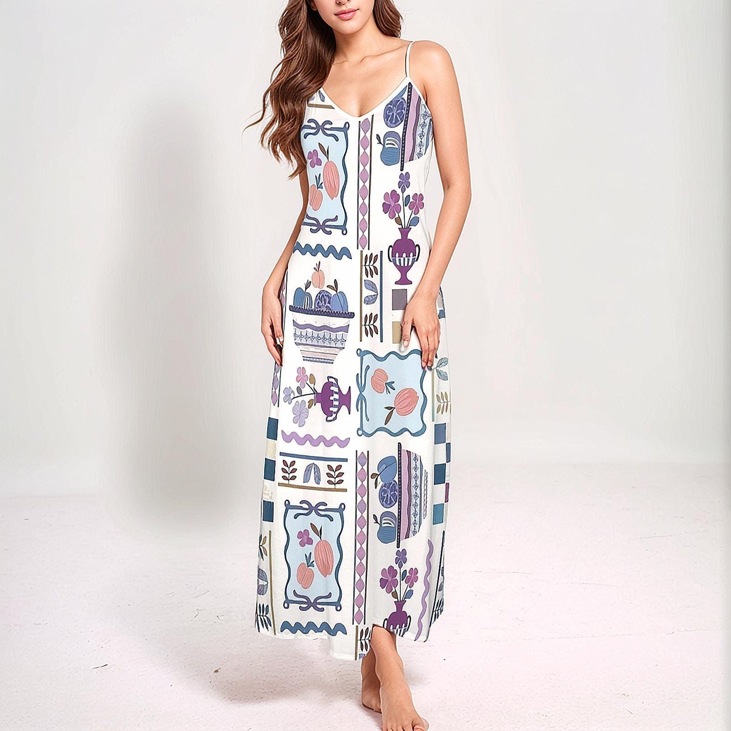 Womens Modern Fruit Print Cami V Neck Maxi Dress | Perfect for Spring and Summer | Chic and Trendy for Any Occasion