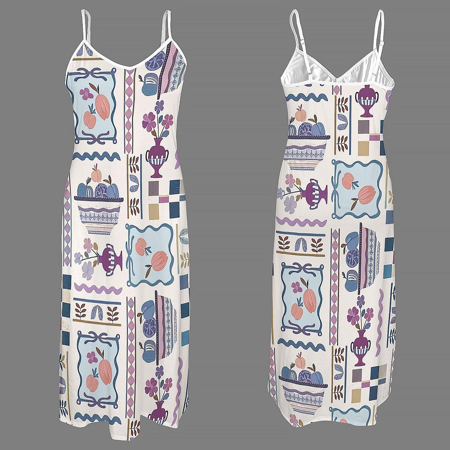Womens Modern Fruit Print Cami V Neck Maxi Dress | Perfect for Spring and Summer | Chic and Trendy for Any Occasion
