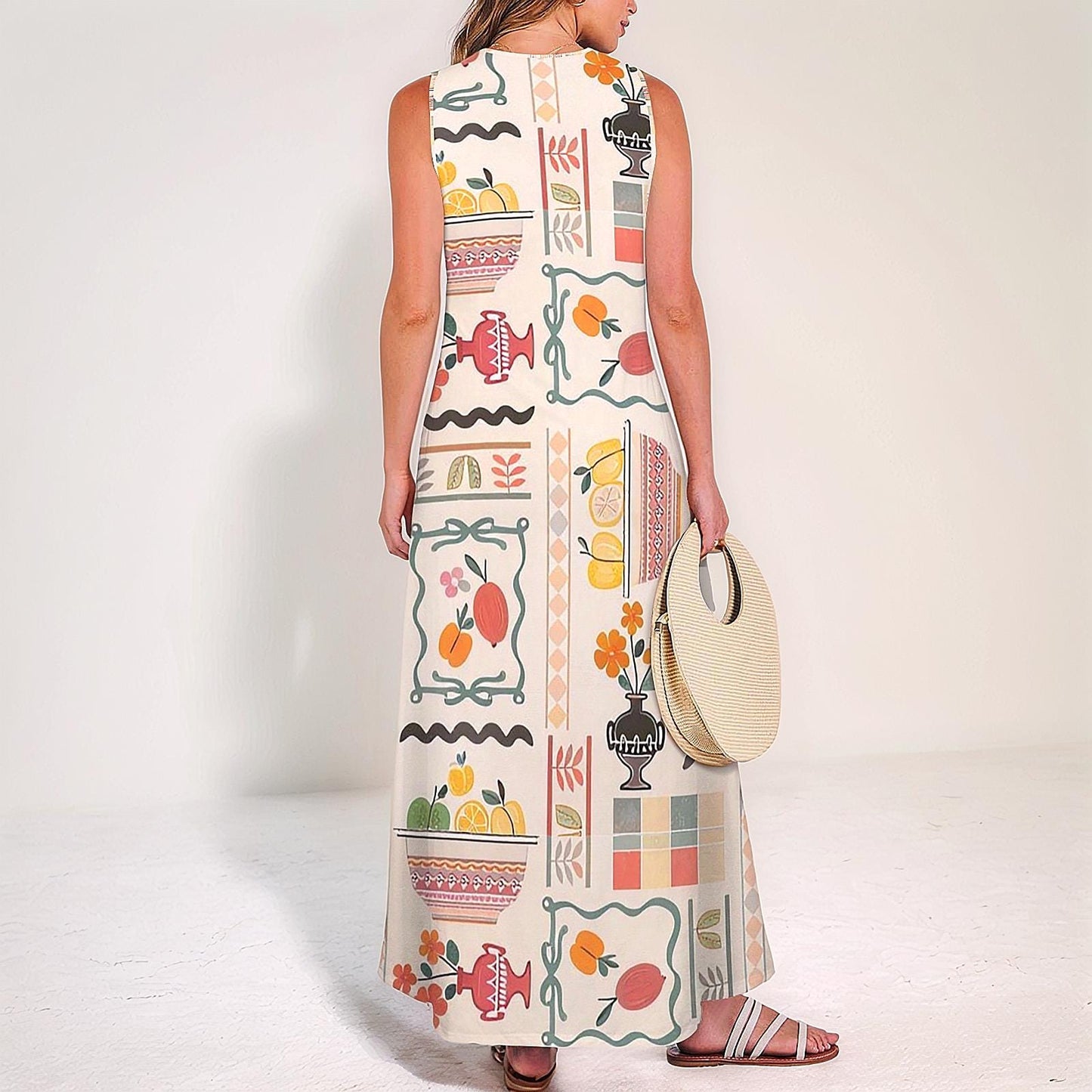 Womens Modern Fruit Print Sleeveless Maxi Dress | Stylish and Comfortable | Perfect for Spring and Summer | Chic and Trendy for Any Occasion