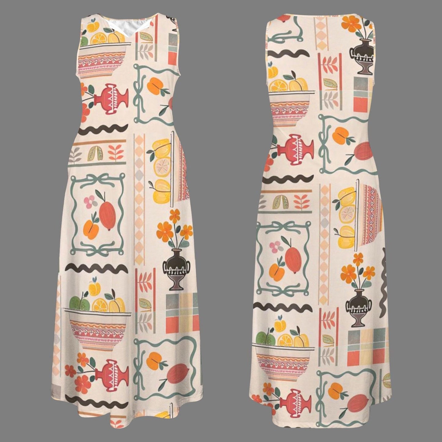 Womens Modern Fruit Print Sleeveless Maxi Dress | Stylish and Comfortable | Perfect for Spring and Summer | Chic and Trendy for Any Occasion