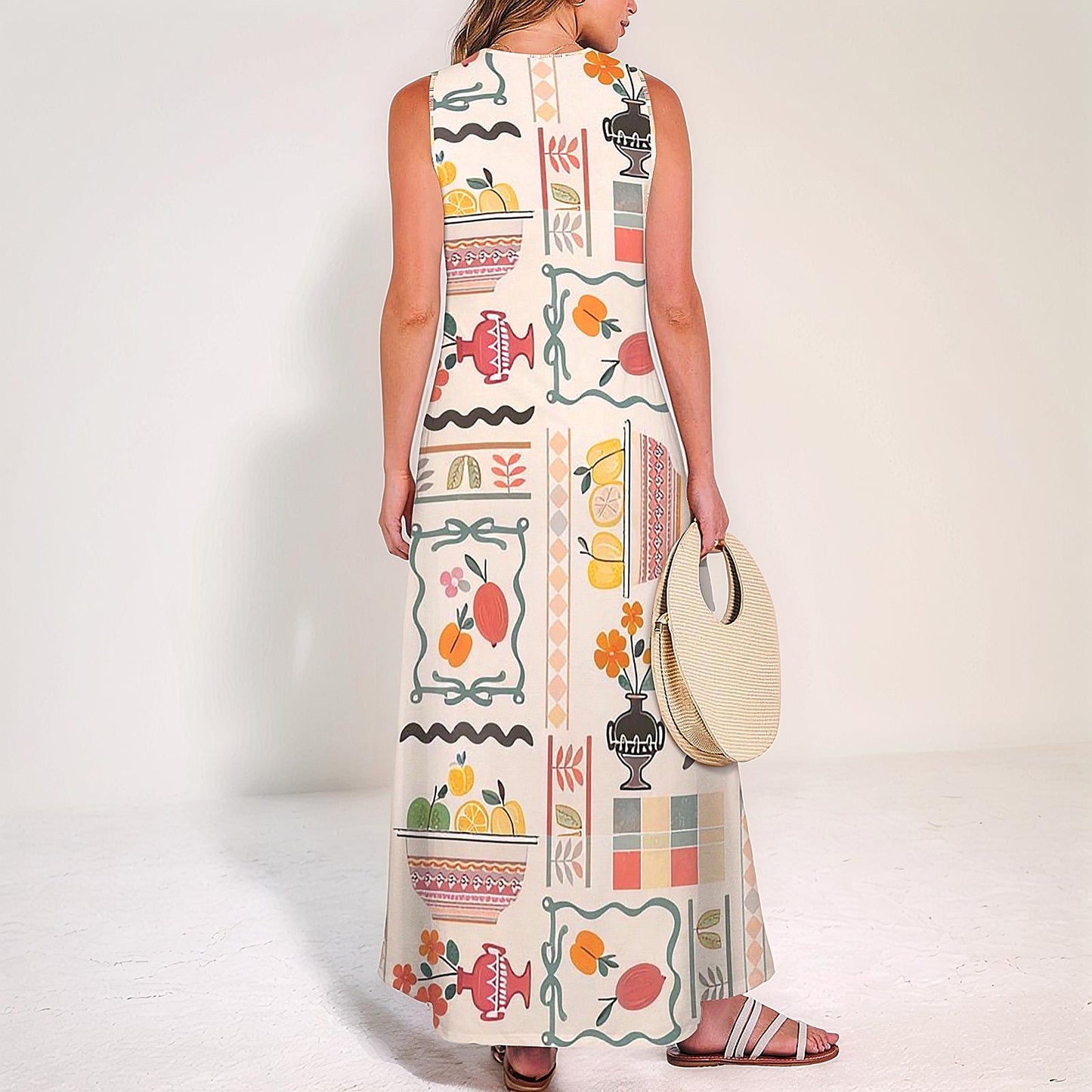 Womens Modern Fruit Print Sleeveless Maxi Dress | Stylish and Comfortable | Perfect for Spring and Summer | Chic and Trendy for Any Occasion