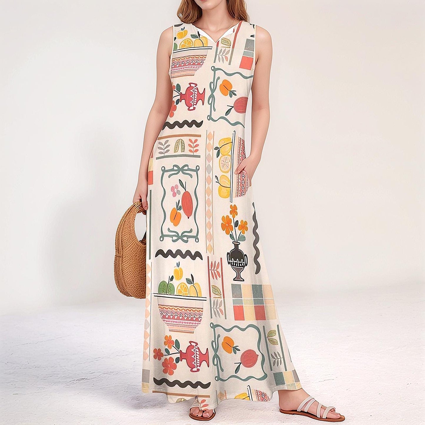 Womens Modern Fruit Print Sleeveless Maxi Dress | Stylish and Comfortable | Perfect for Spring and Summer | Chic and Trendy for Any Occasion
