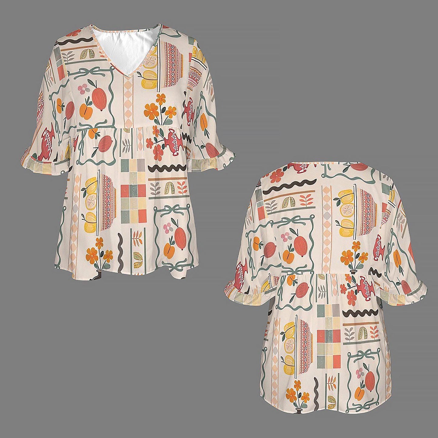 Womens Fruit Print V Neck Half Sleeve Top | Stylish and Comfortable | Perfect for Spring and Summer | Trendy and Casual for Any Occasion