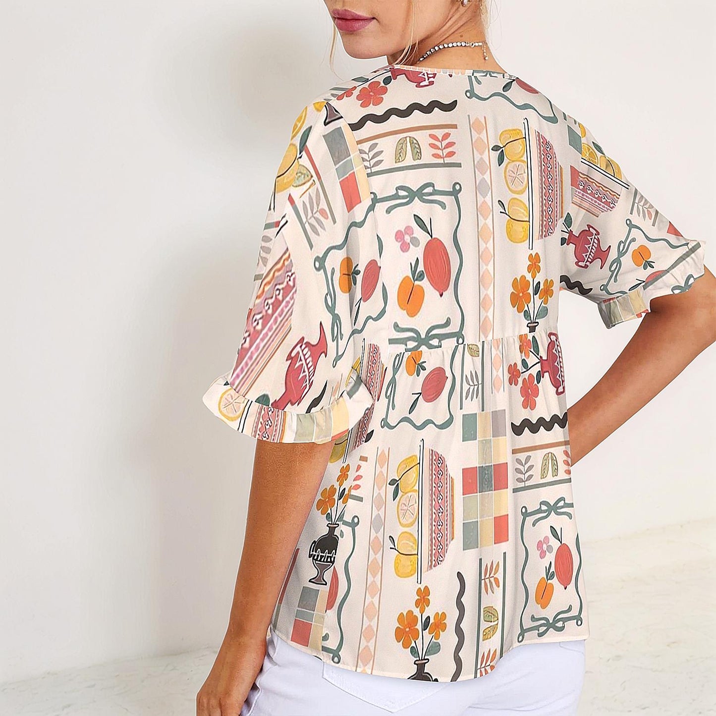 Womens Fruit Print V Neck Half Sleeve Top | Stylish and Comfortable | Perfect for Spring and Summer | Trendy and Casual for Any Occasion