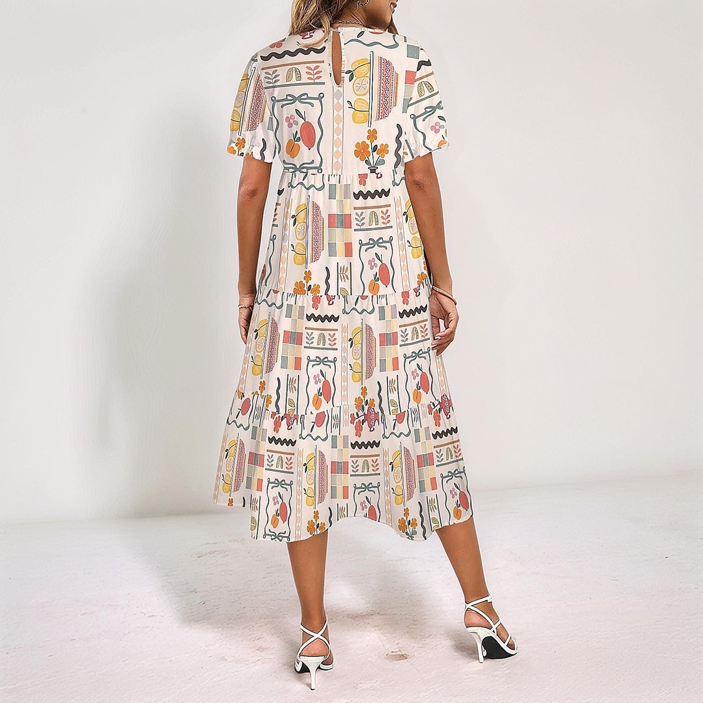 Womens Fruit and Floral Print Puff Sleeve High Waist Maxi Dress | Stylish and Comfortable | Perfect for Spring and Summer | Chic and Elegant
