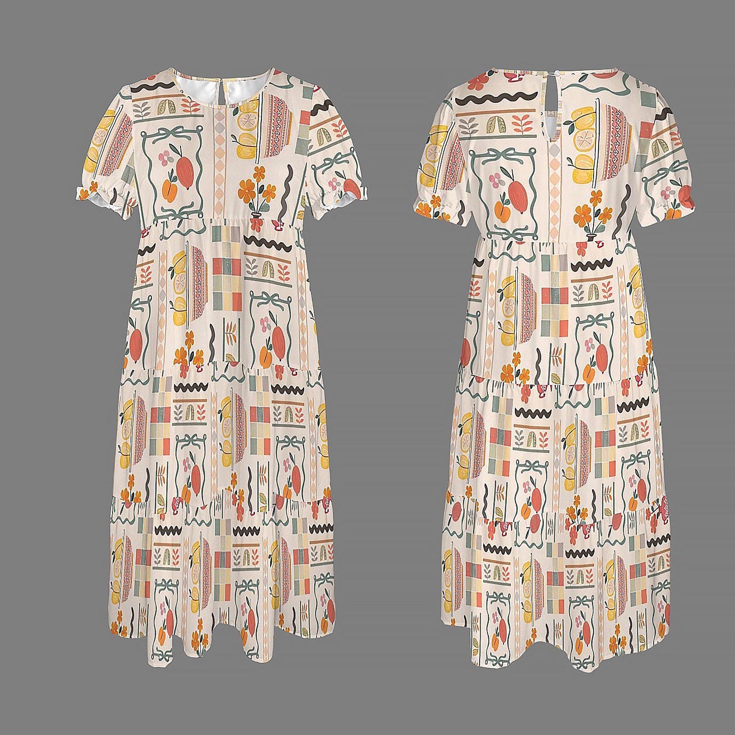 Womens Fruit and Floral Print Puff Sleeve High Waist Maxi Dress | Stylish and Comfortable | Perfect for Spring and Summer | Chic and Elegant
