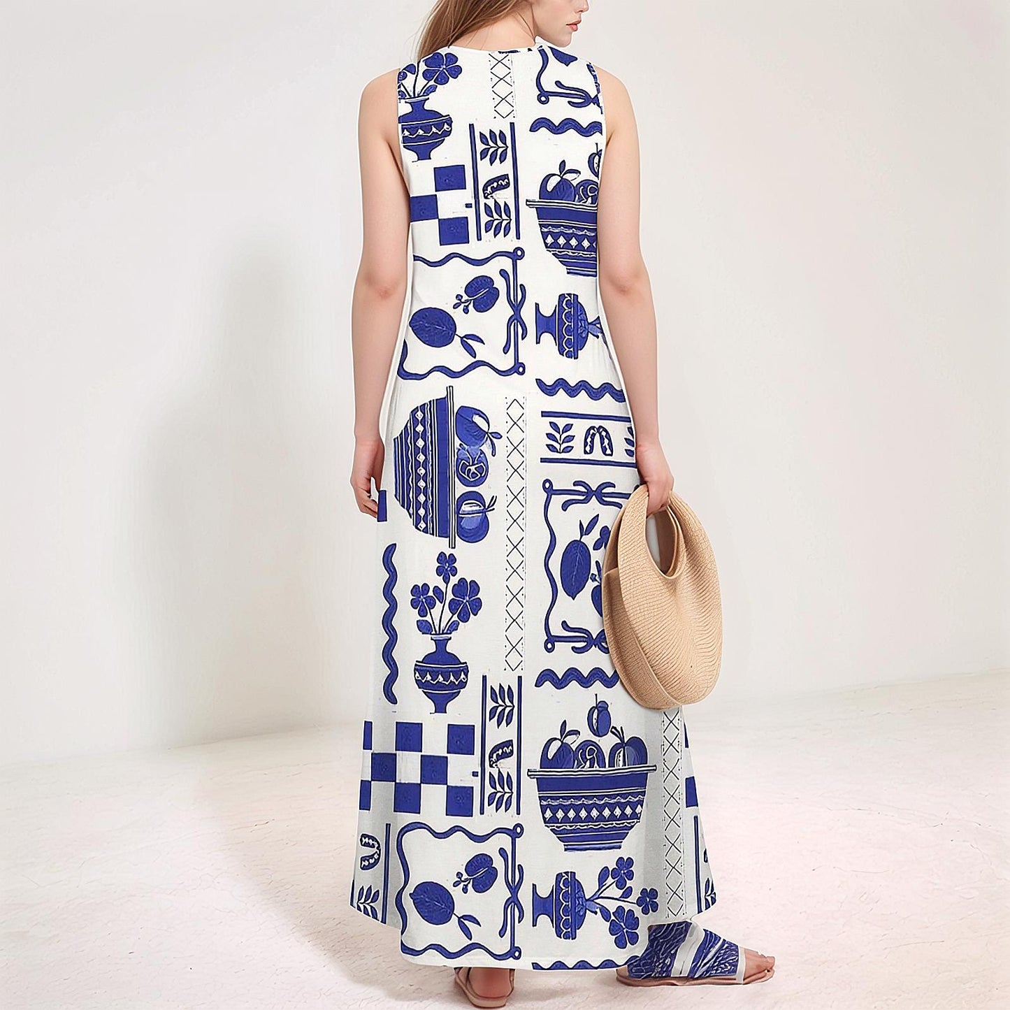 Womens Modern Fruit Print Sleeveless Maxi Dress | Perfect for Spring and Summer | Trendy and Casual for Any Occasion