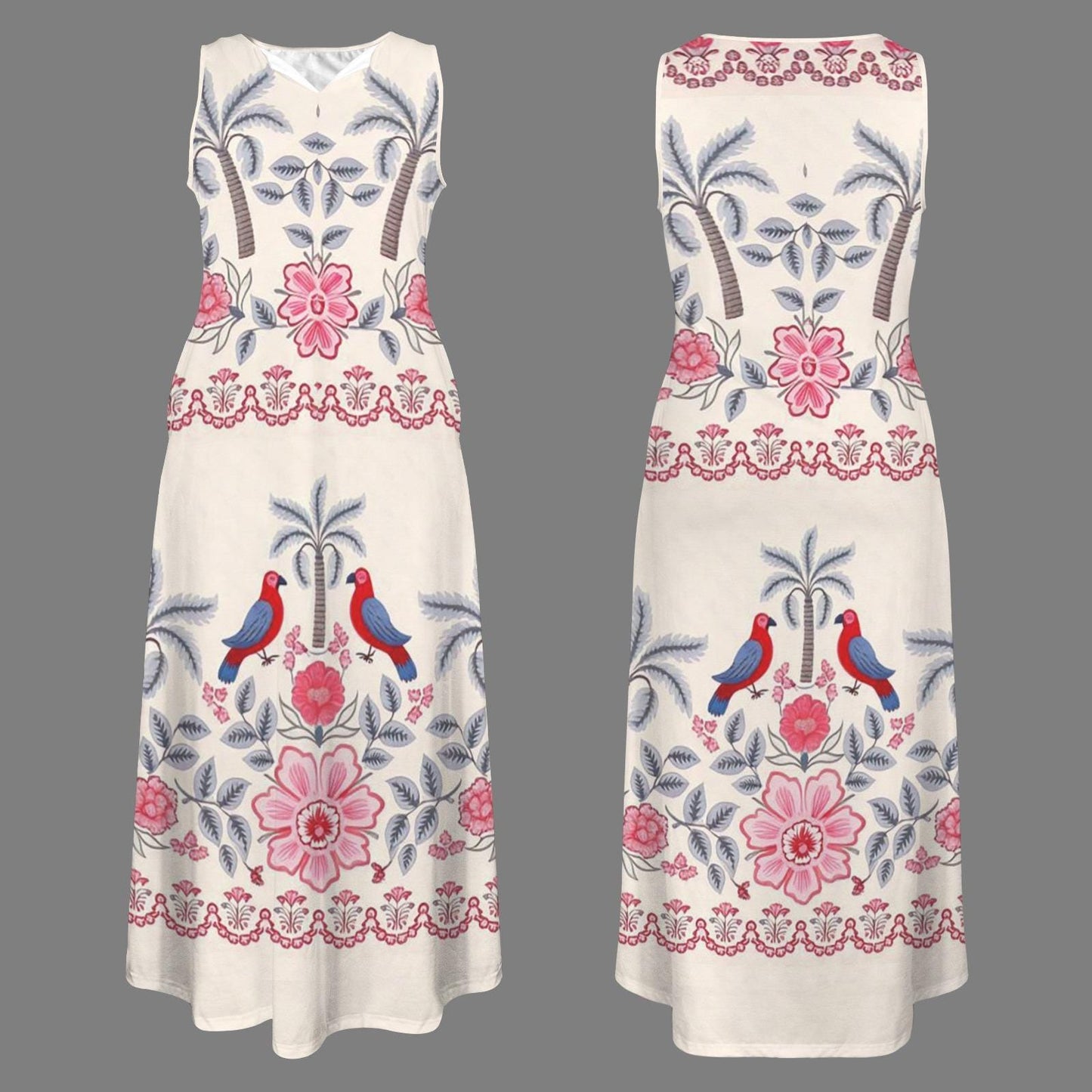 Womens Tropical Palm Tree and Parrot Print Sleeveless Maxi Dress | Stylish and Comfortable | Perfect for Spring and Summer