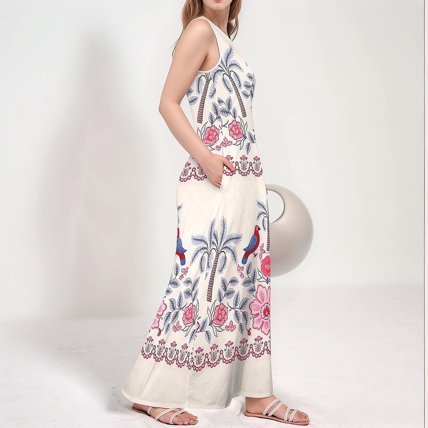 Womens Tropical Palm Tree and Parrot Print Sleeveless Maxi Dress | Stylish and Comfortable | Perfect for Spring and Summer