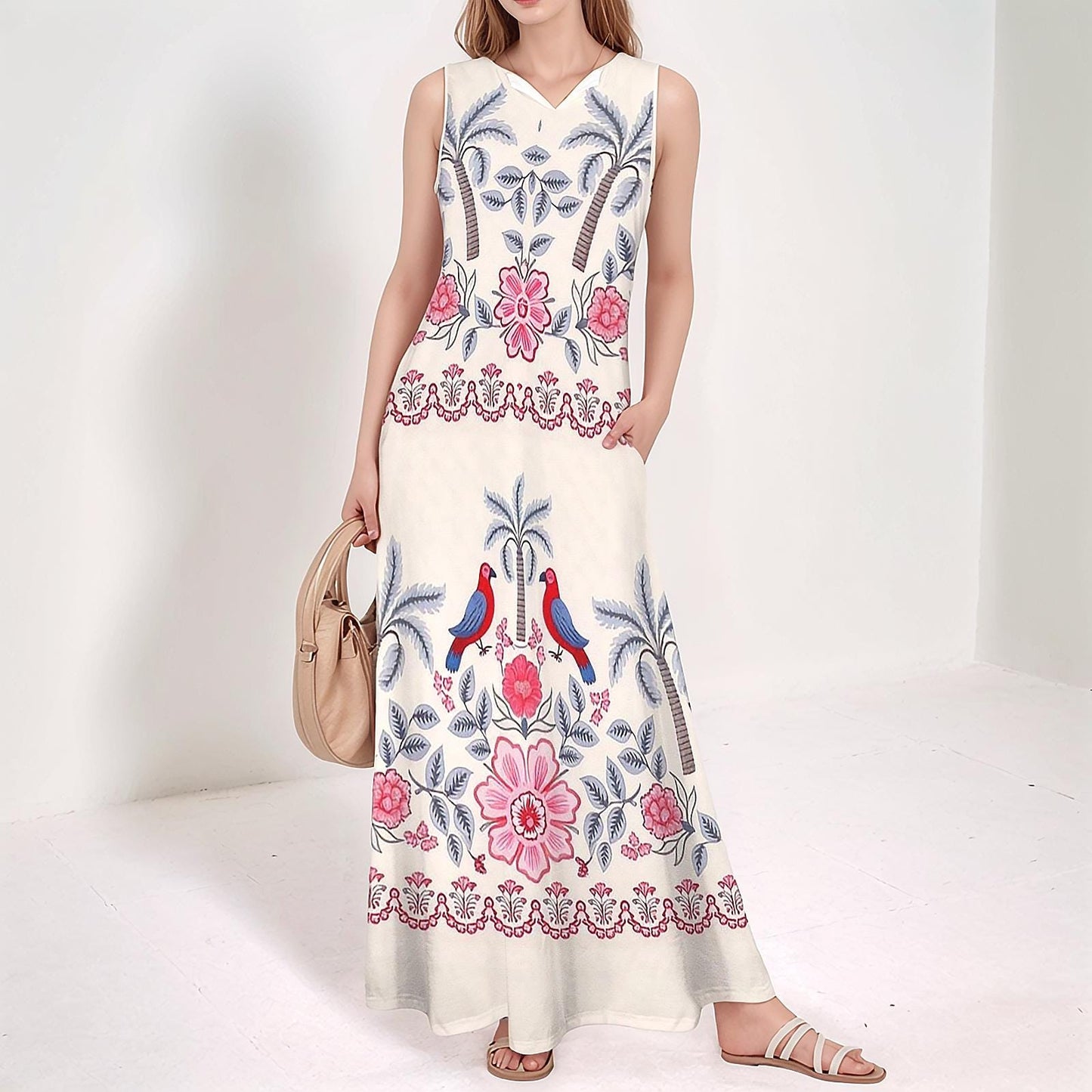 Womens Tropical Palm Tree and Parrot Print Sleeveless Maxi Dress | Stylish and Comfortable | Perfect for Spring and Summer