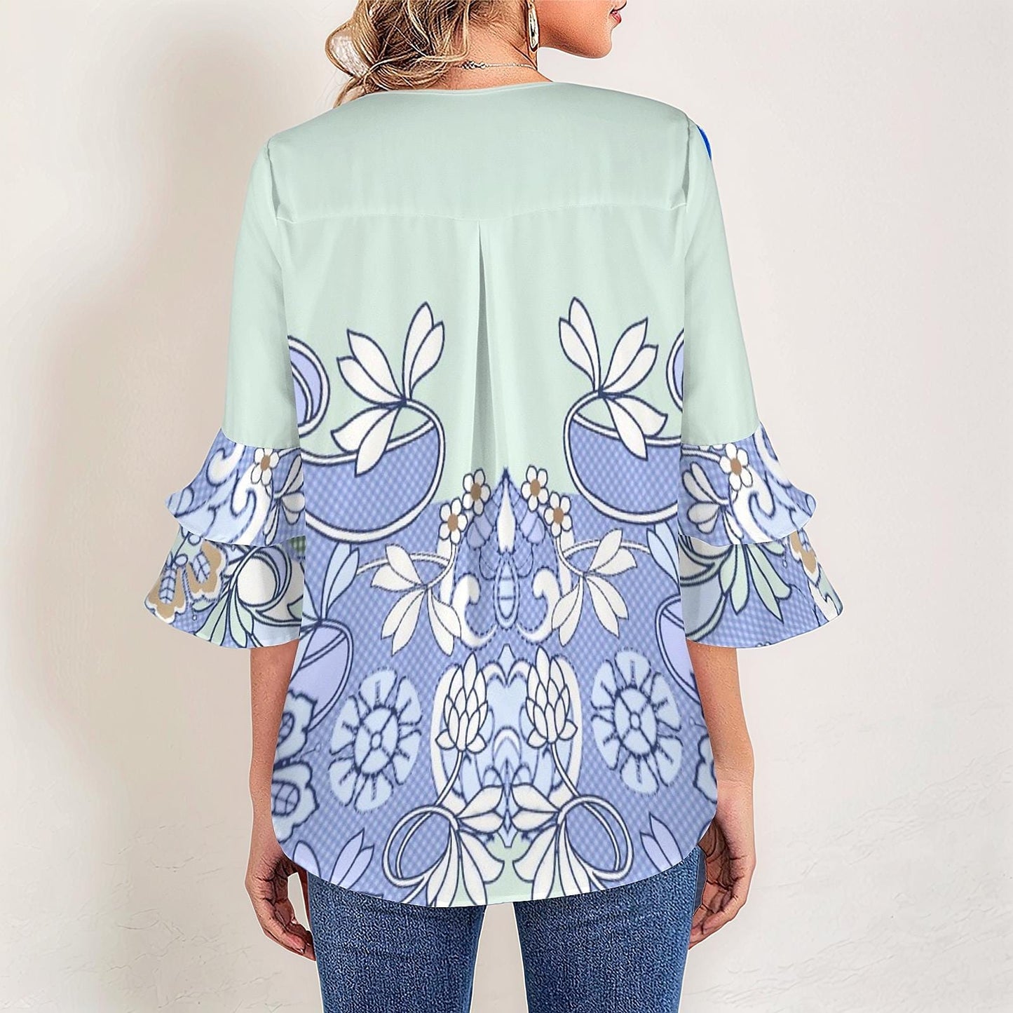 Women's Floral Layered Flare Sleeve Top