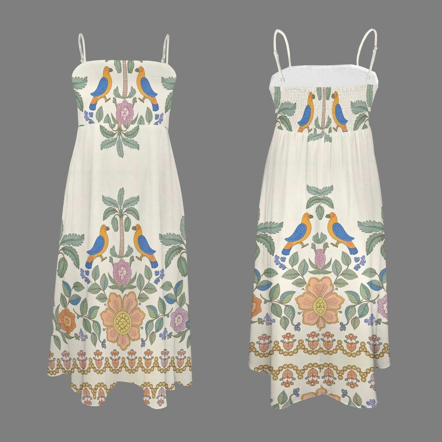 Womens Tropical Palm Tree and Bird Print Spaghetti Strap Flowy Midi Dress | Stylish and Comfortable | Perfect for Spring and Summer