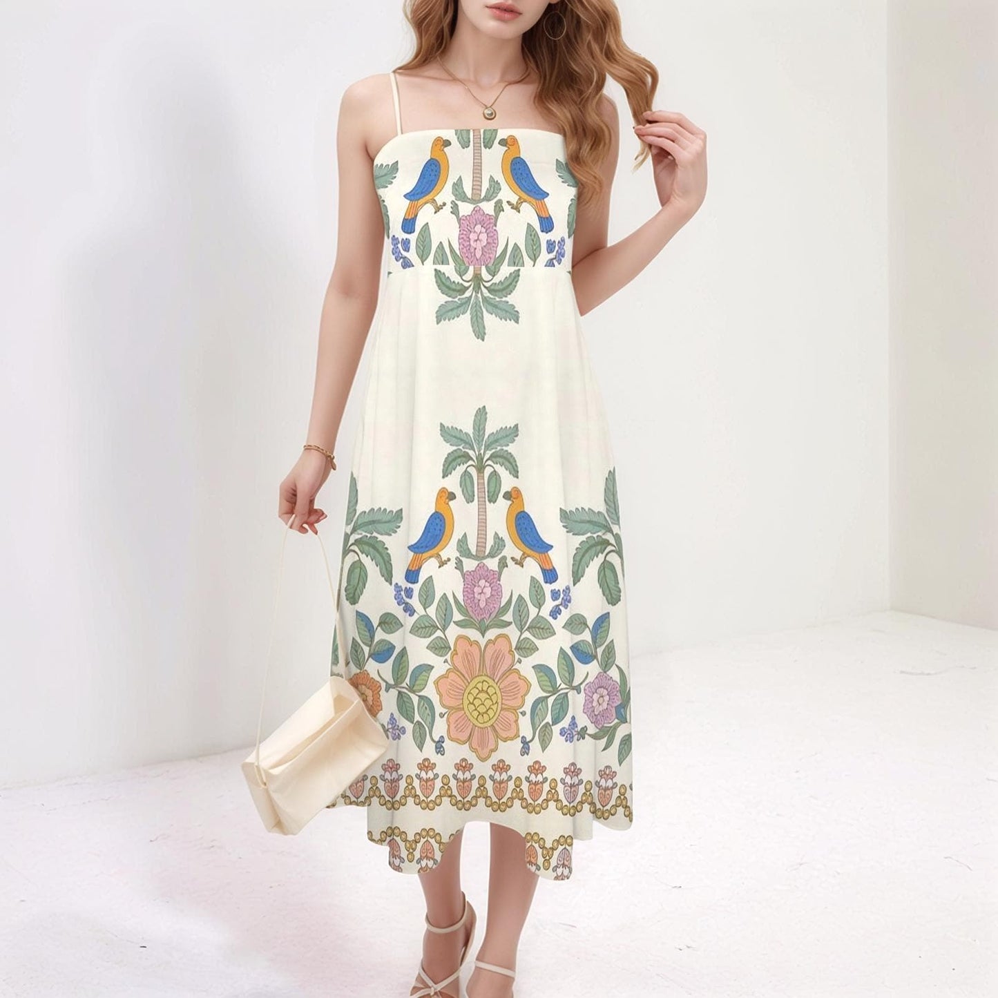 Womens Tropical Palm Tree and Bird Print Spaghetti Strap Flowy Midi Dress | Stylish and Comfortable | Perfect for Spring and Summer