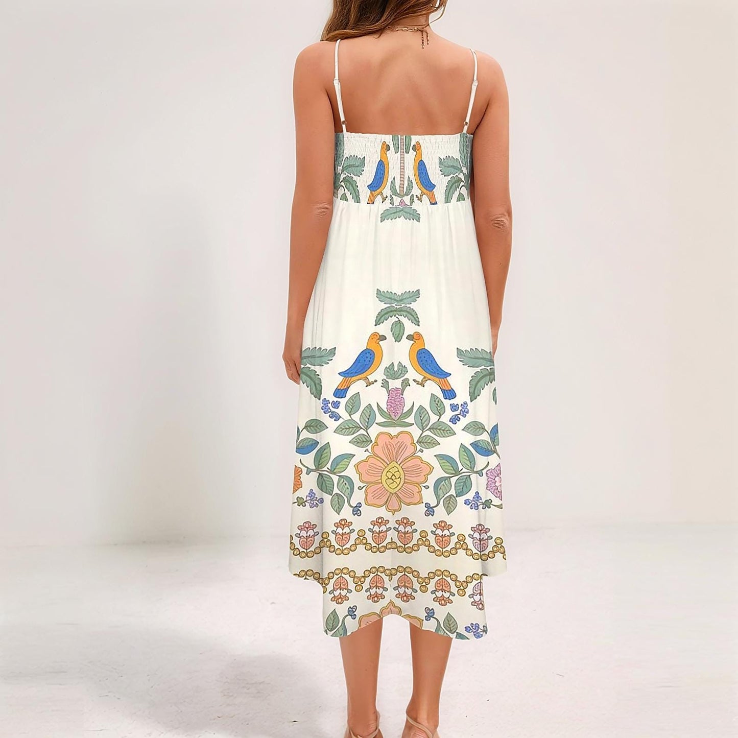 Womens Tropical Palm Tree and Bird Print Spaghetti Strap Flowy Midi Dress | Stylish and Comfortable | Perfect for Spring and Summer