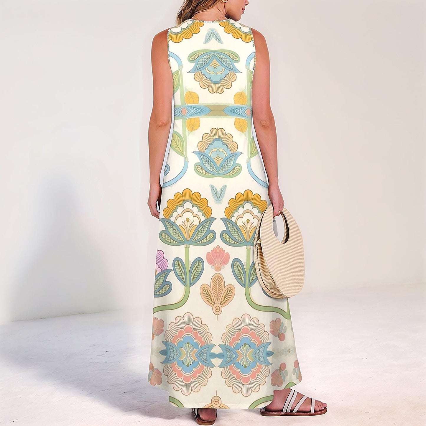 Women's Floral Sleeveless Maxi Dress | Colorful Spring Summer Dress | Casual Floral Dress with Pockets | Comfortable V-Neck Dress