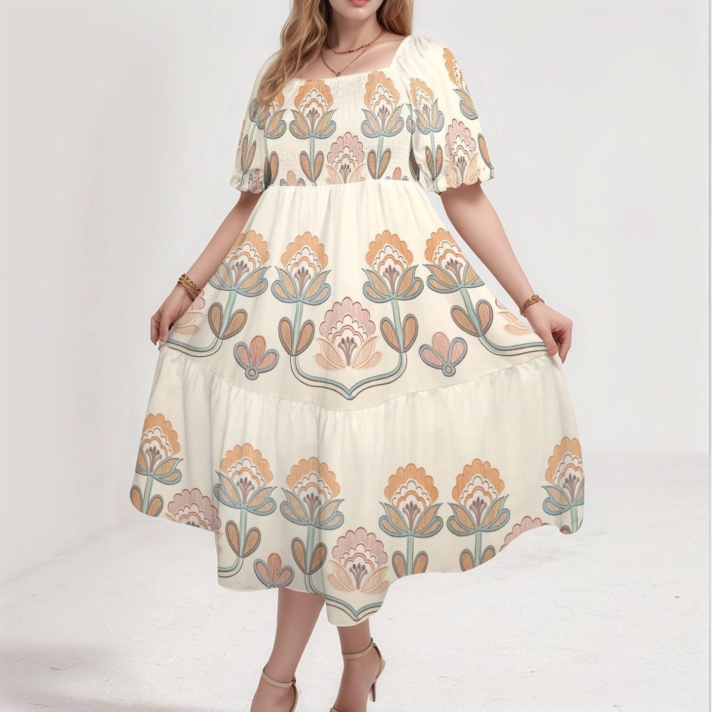Women's Floral Puff Sleeve Dress | Square Neckline Midi Dress | Casual Boho Dress | Comfortable and Stylish for Spring Summer