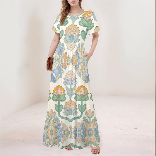 Women's Floral Short Sleeve Maxi Dress | Casual Floral Print Dress | Comfortable Dress with Pockets | Spring Summer Dress