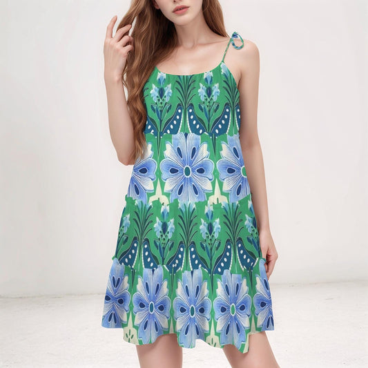 Women's Floral Spaghetti Strap Dress | Green and Blue Floral Print | Casual Summer Dress | Comfortable Sleeveless Dress for Warm Weather