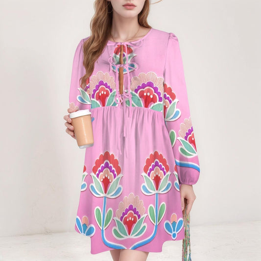 Women's Floral Long Sleeve Dress | Pink Boho Print Dress | Tie Neck Detail | Comfortable Casual Dress for Spring and Summer