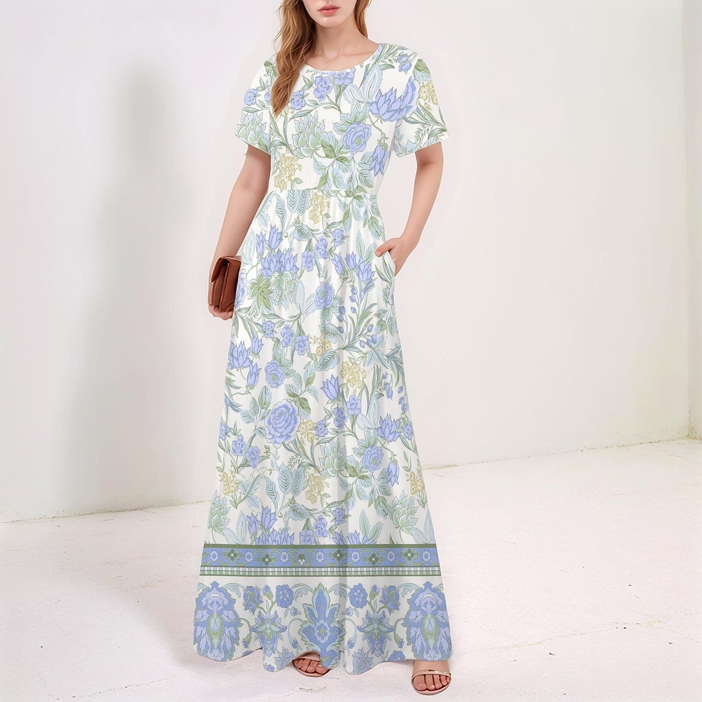 Womens Floral Round Neck Short Sleeve Maxi Dress with Pleated Waist Pockets