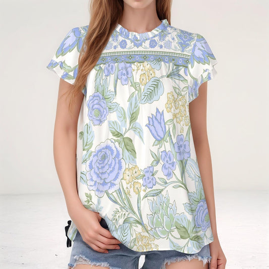 Womens Floral Round Neck Ruffle Sleeve Blouse
