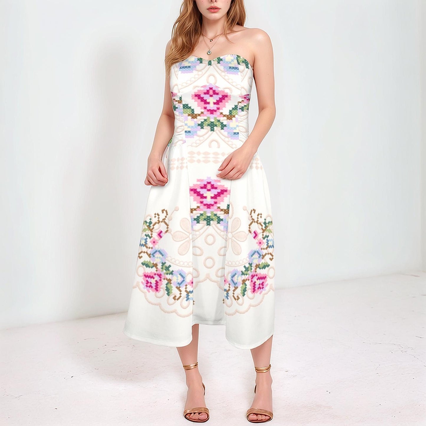 Womens Strapless Floral Midi Dress | Stylish and Feminine | Perfect for Spring and Summer | Chic and Comfortable for Any Occasion