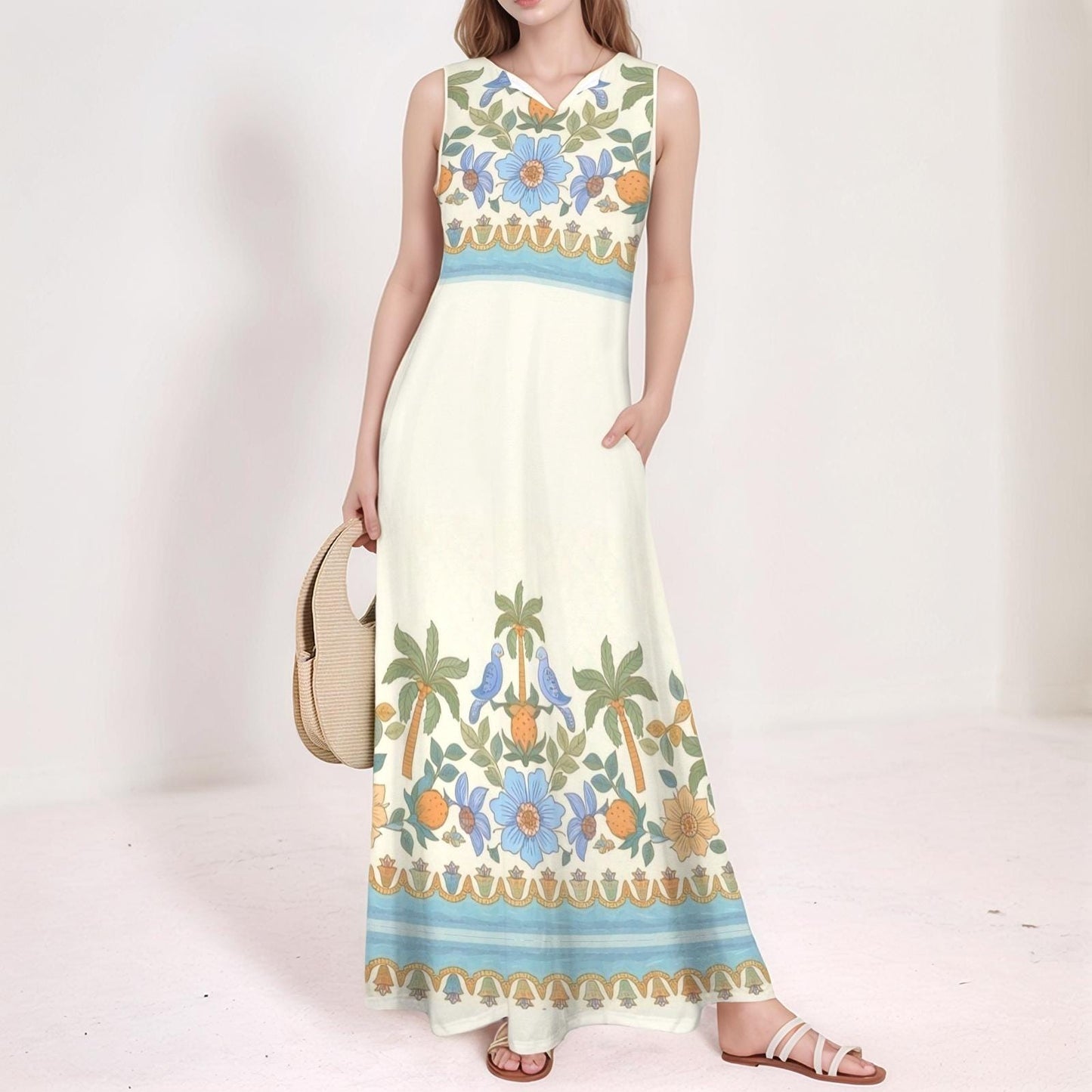Women's Floral V-Neck Maxi Dress | Tropical Floral Print Dress | Sleeveless Summer Dress | Comfortable and Stylish for Casual Wear