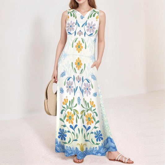 Women's Floral V-Neck Maxi Dress | Vibrant Floral Print | Sleeveless Summer Dress | Casual and Chic for Warm Days