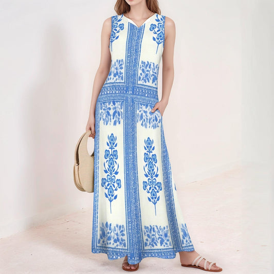 Women's Floral V-Neck Maxi Dress | Blue and White Floral Print | Sleeveless Summer Dress | Casual and Comfortable for Everyday Wear