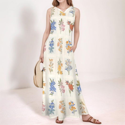 Women's Floral V-Neck Maxi Dress | Vintage Floral Print Dress | Sleeveless Summer Dress with Pockets | Elegant and Comfortable