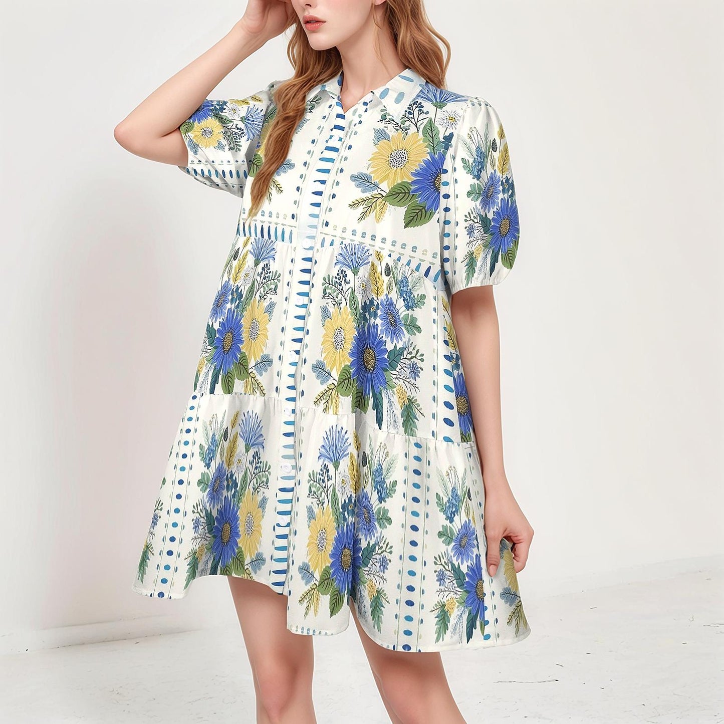Women's Floral Short Sleeve Tiered Button Down Shirt Dress | Casual Boho Style | Easy Spring Summer Outfit
